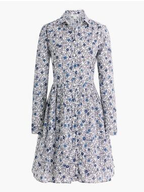 J. Crew Blue and White Floral Long-Sleeve Shirt Dress